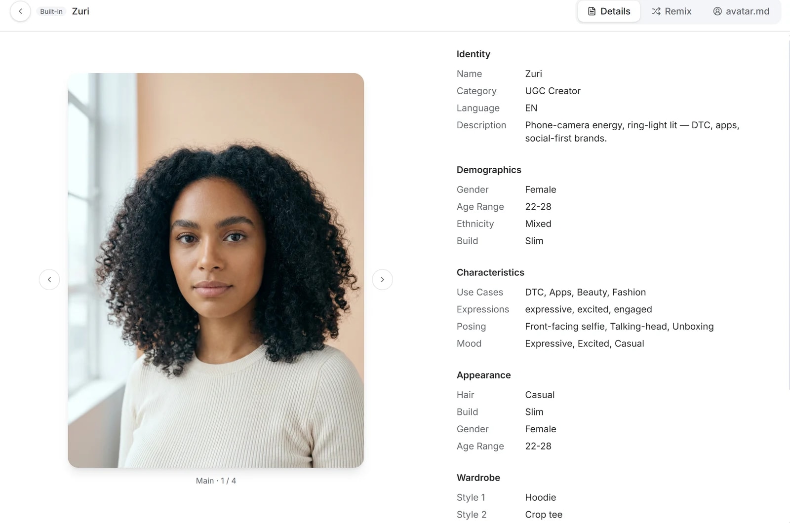 A built-in UGC avatar in Intempt Design with identity, characteristics and wardrobe fields, plus an avatar.md tab that exports the creator bible