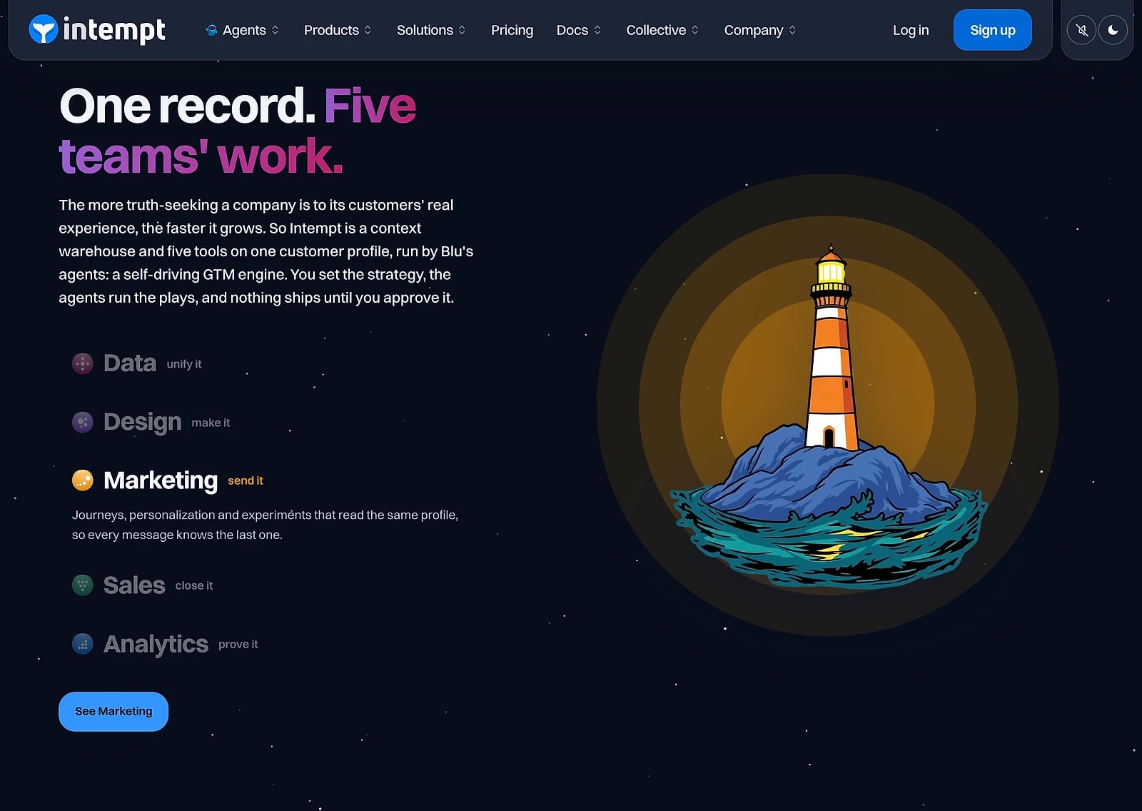 Intempt home page section One record. Five teams' work. listing the data, design, marketing, sales and analytics tools on one customer profile
