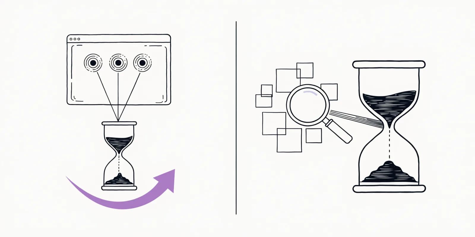 First-party intent (a website emitting visitor dots) connects to a small hourglass with sand at the top - fast signal - while third-party scraped intent (a magnifying glass over external logos) connects to a much larger hourglass with sand already at the bottom - decayed signal