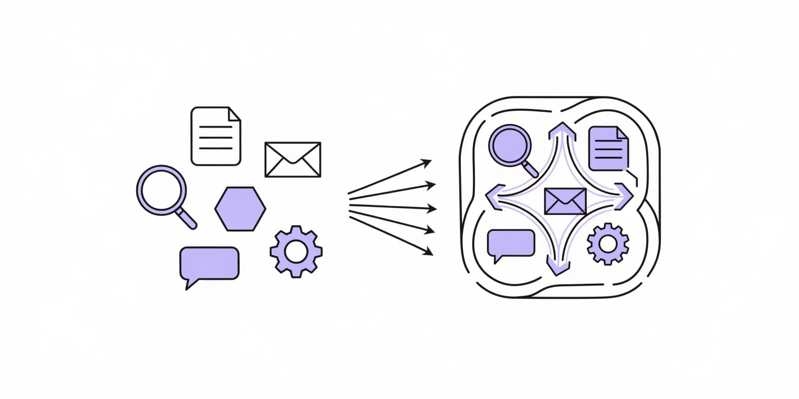 Six scattered point-solution icons on the left (search magnifier, document, envelope, hexagon, chat bubble, gear) with converging arrows into one larger unified platform tile on the right shaded lavender - visualizing consolidation from point solutions to one platform
