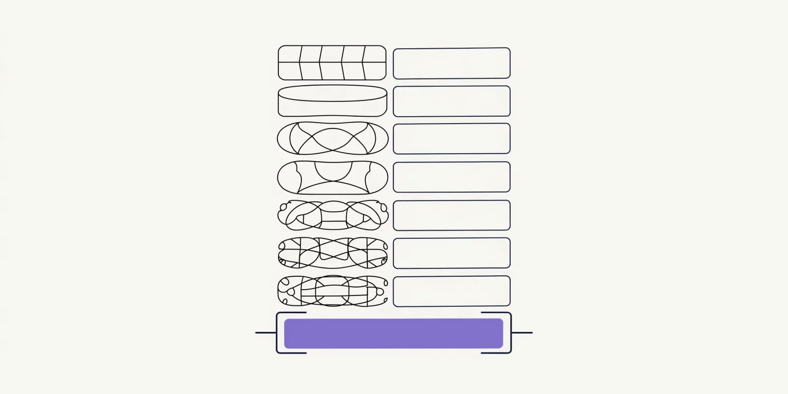 A stacked ledger of six monthly-cost line items with icon labels and blank numeric placeholder rectangles, plus a horizontal sum bracket at the bottom with a much larger cumulative rectangle in lavender showing the compounding total cost of tool sprawl