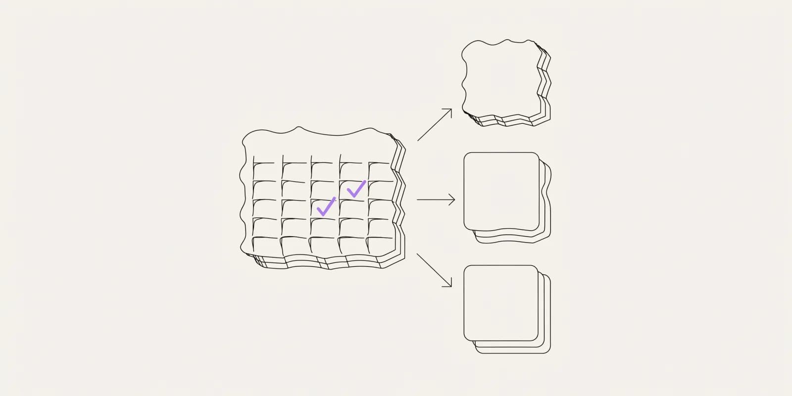 the-call-booker highlights three time slots on a calendar with one marked with a lavender checkmark, connected to a stack of four message-note cards representing the booking, reschedule, confirmation, and reminder
