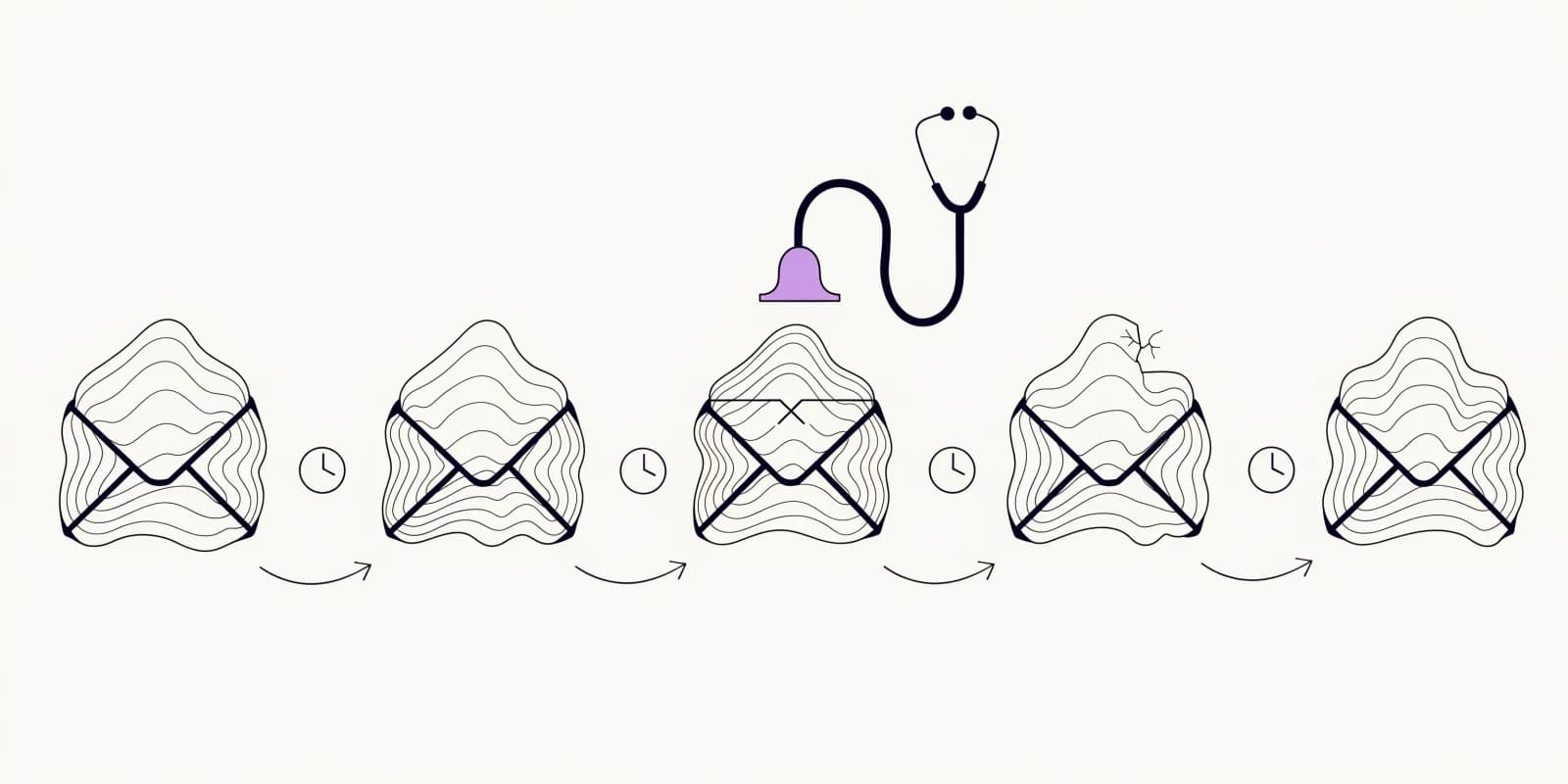the-sequence-doctor hovers a stethoscope over a horizontal sequence of five email envelopes connected by delay clocks, with the weakest envelopes marked and one highlighted