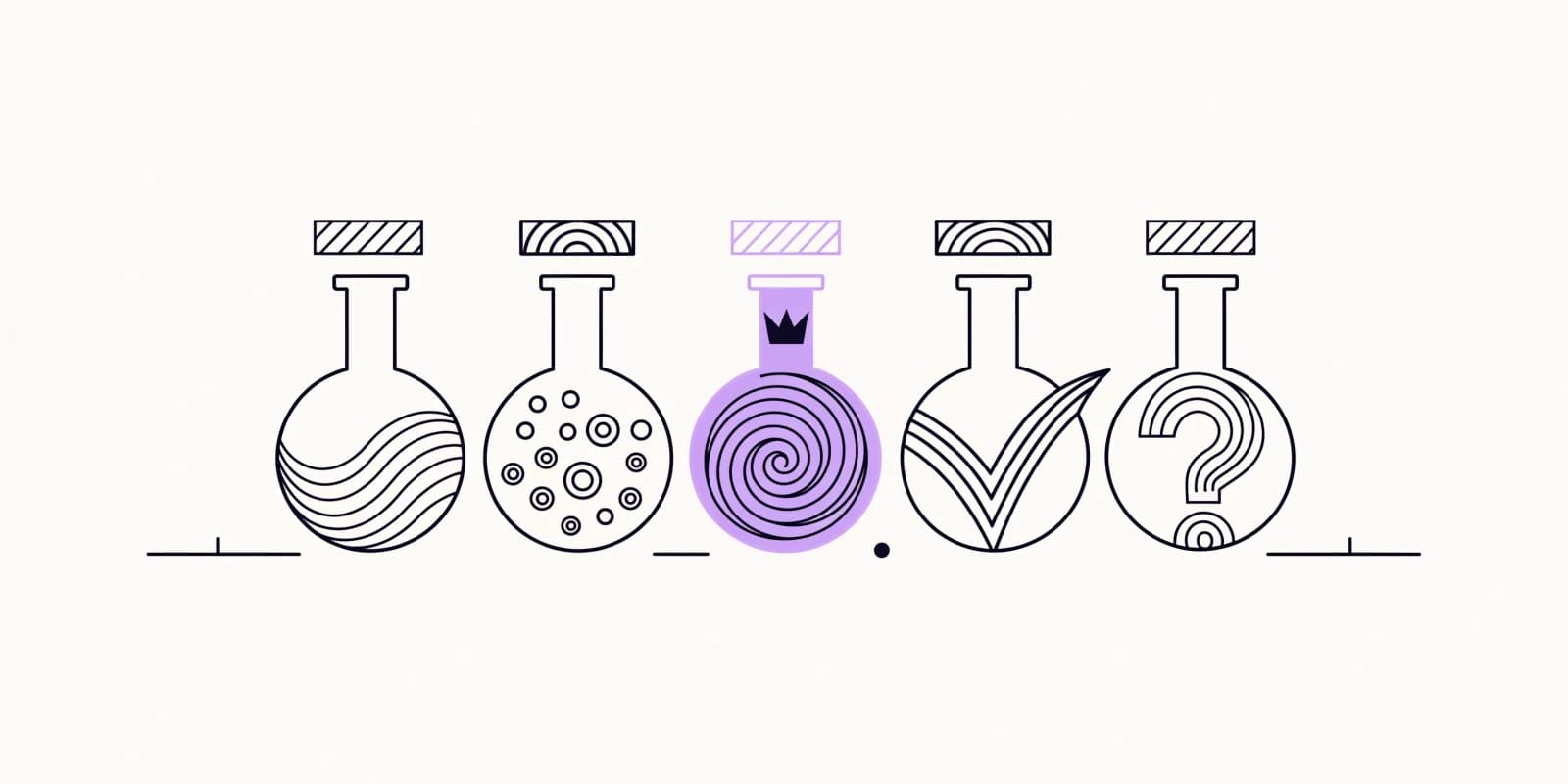 the-subject-line-lab lays out five lab flasks each holding a distinct subject-line variant pattern, with a score-bar over each and one flask marked as the winner