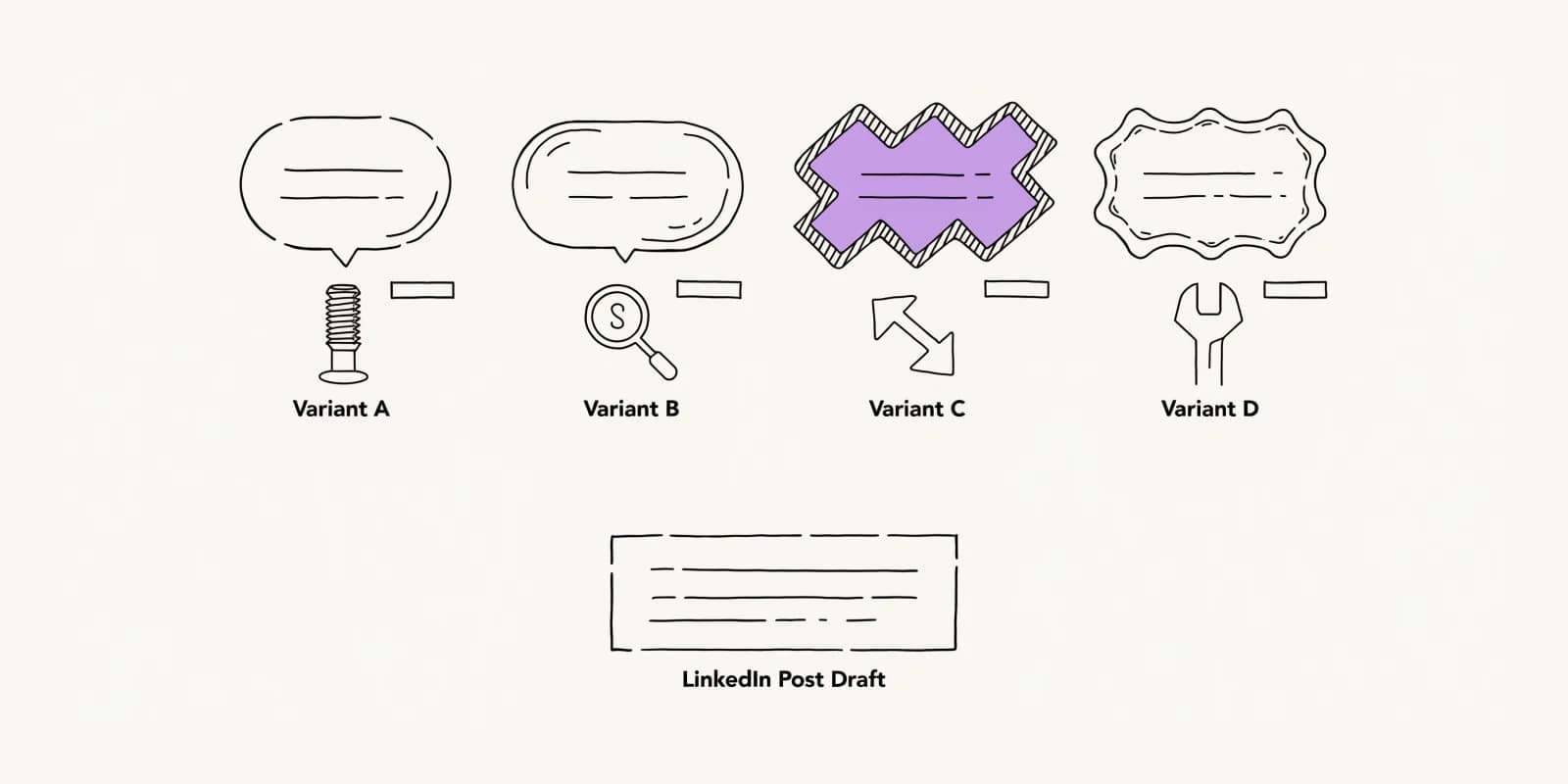 the-hook-lab presents four scored opening-line balloons over a draft rectangle - a pattern-interrupt bolt, a specificity magnifier, a contrarian arrow-reversal, and a jobs-to-be-done wrench - with the recommended winner highlighted