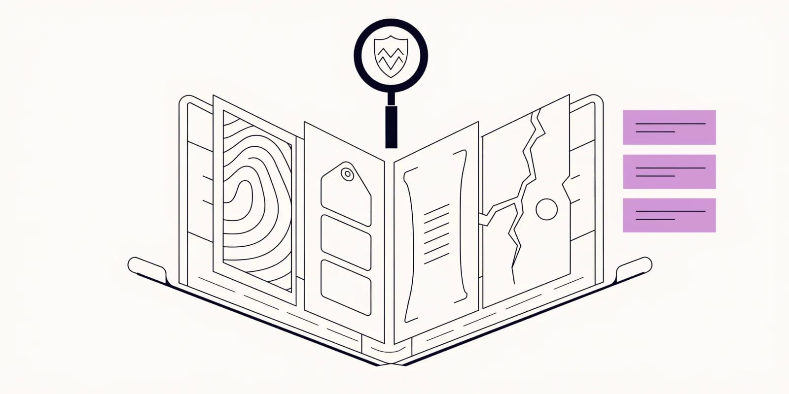 the-competitor-dossier opens a file folder spilling four structured profile pages (positioning square, pricing tag, feature-list bracket, weakness crack) under a magnifier over a competitor shield, with three lavender talk-track cards stacked on the right