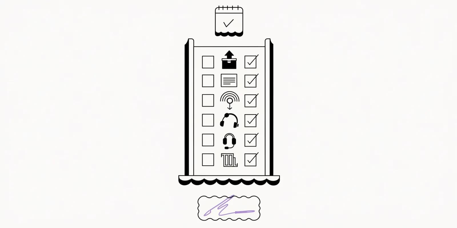 the-launch-readiness-check clipboard with six ticked checklist rows (stock, page, tracking, lifecycle flow, support, margin) and a signature block at the bottom marked with a lavender pen-line for owner sign-off