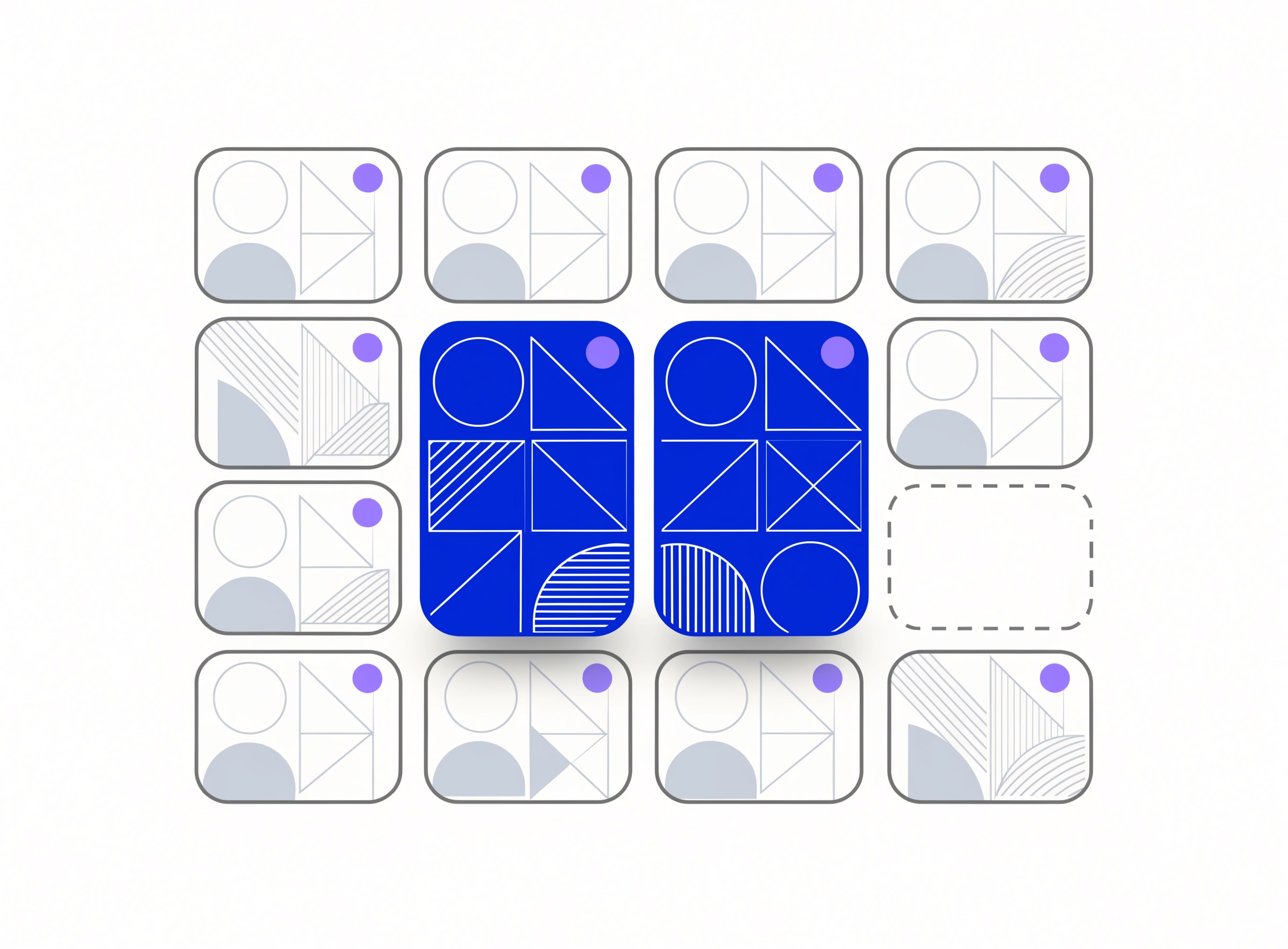 the-angle-vault shows a 7x2 grid of 14 numbered angle cards with two selected in blue, one dashed as rejected, and lavender AI dots on selected cards