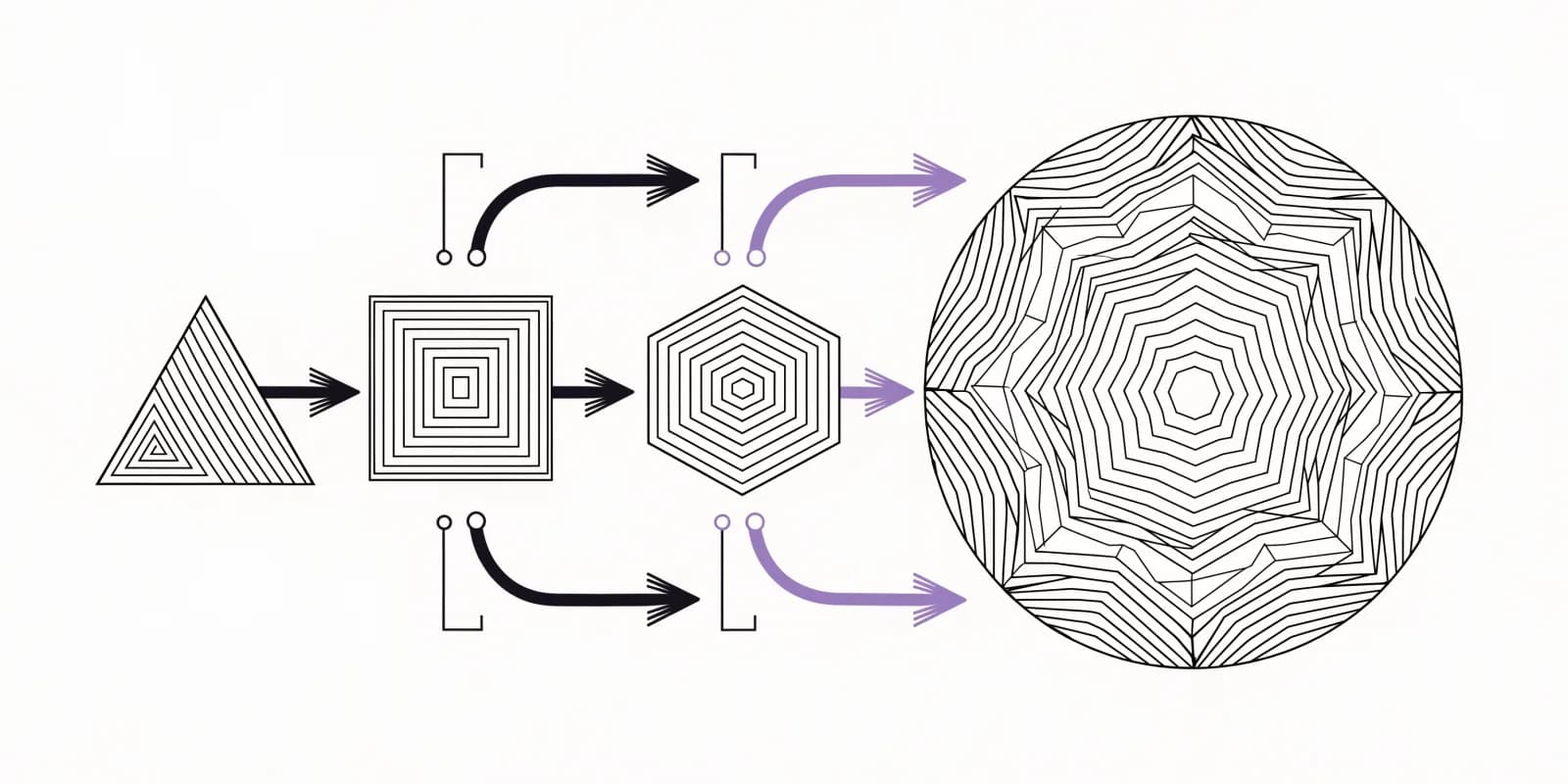 A consolidation map: three abstract tool shapes on the left (triangle, square, hexagon) each connected via acquisition arrows to a larger parent-company container on the right, with one arrow drawn in lavender to indicate the most recent deal, and blank date-bracket rectangles above the arrows