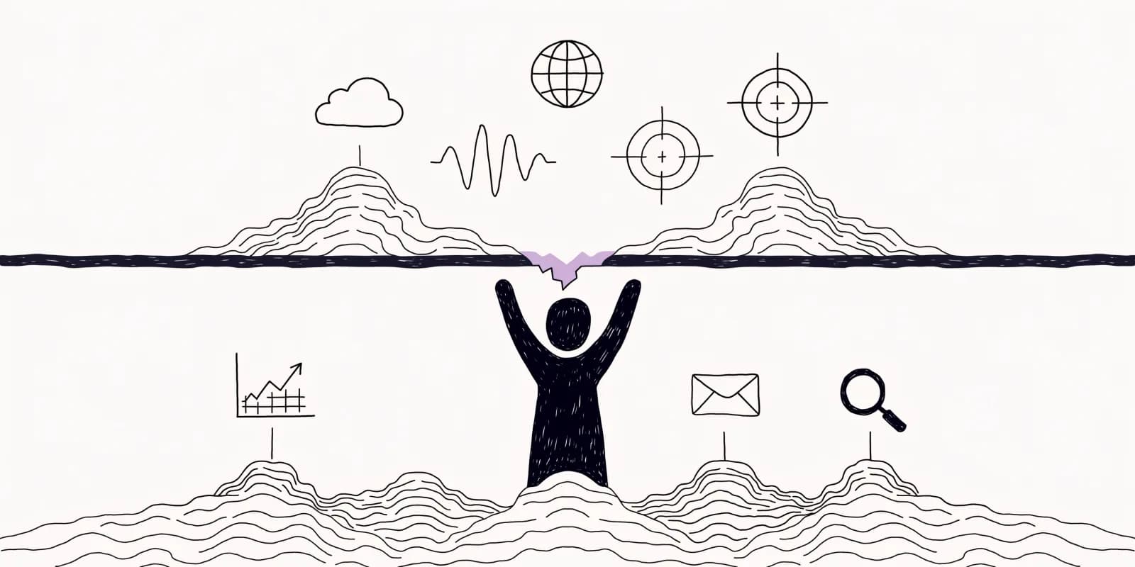 A person silhouette reaching upward and hitting a horizontal ceiling drawn as a thick ink line; below the ceiling small feature icons fit comfortably while larger icons wait above, with a small lavender crack in the ceiling indicating where continuous automation needs push through the free-tier limit