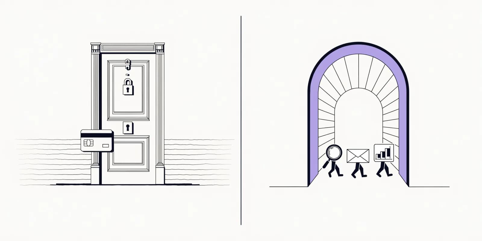 Split diagram: a locked door with a padlock and credit card icon on the left representing trial-with-card, and an open lavender gateway with small tool icons walking through (magnifying glass, envelope, chart) on the right representing truly free tools