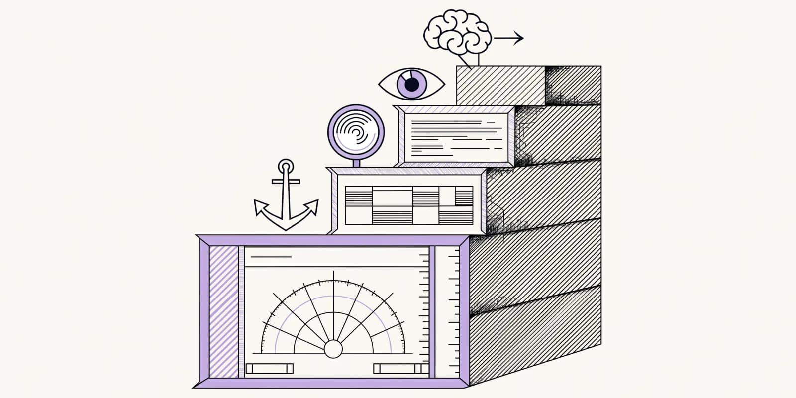 Five ascending stair-steps from left to right, each representing a free SEO tool: Google Search Console (highlighted in lavender at the base), Ahrefs Webmaster, Semrush free, Otterly, and LLMrefs at the top, each labeled by icon only