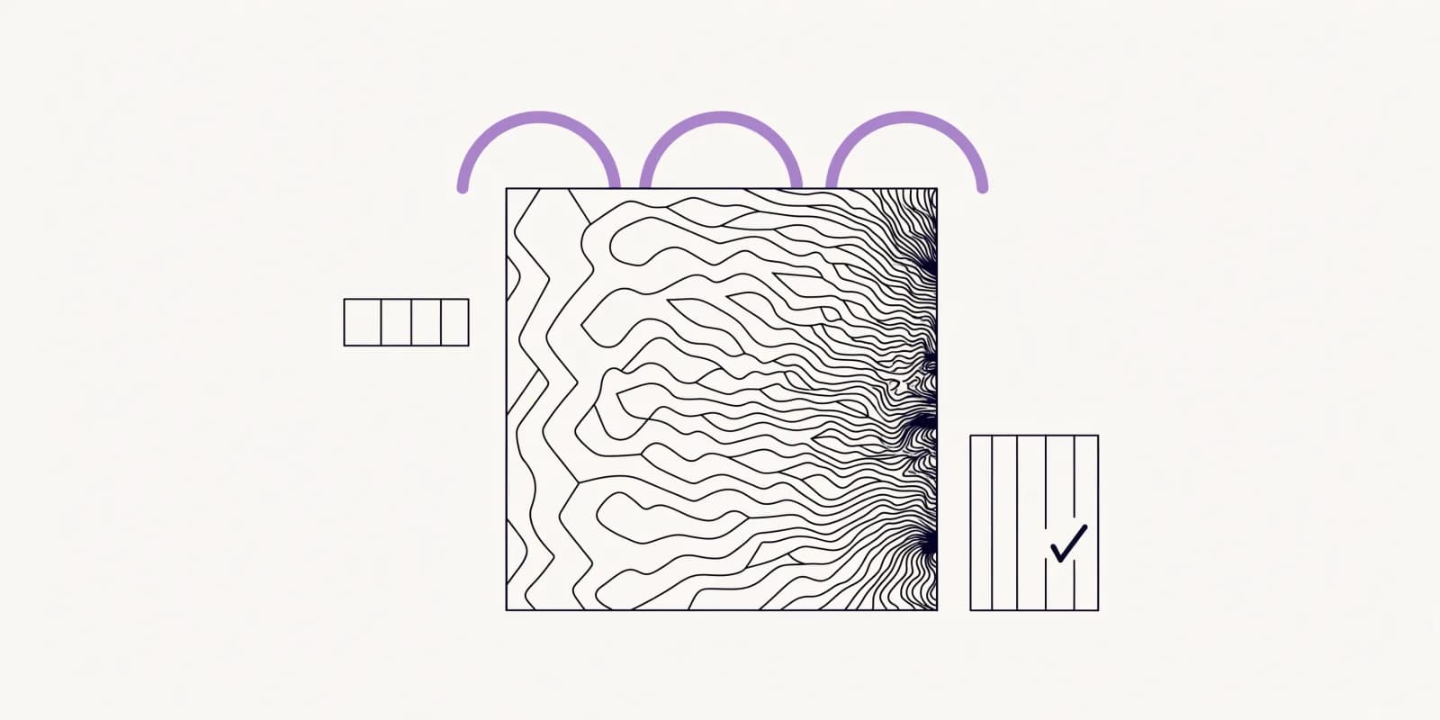 A single web page rendered as a rectangle with text lines inside, being scored by a small graders panel with vertical marks and a checkmark on the right, and three arcs radiating outward in lavender indicating the audit sweep