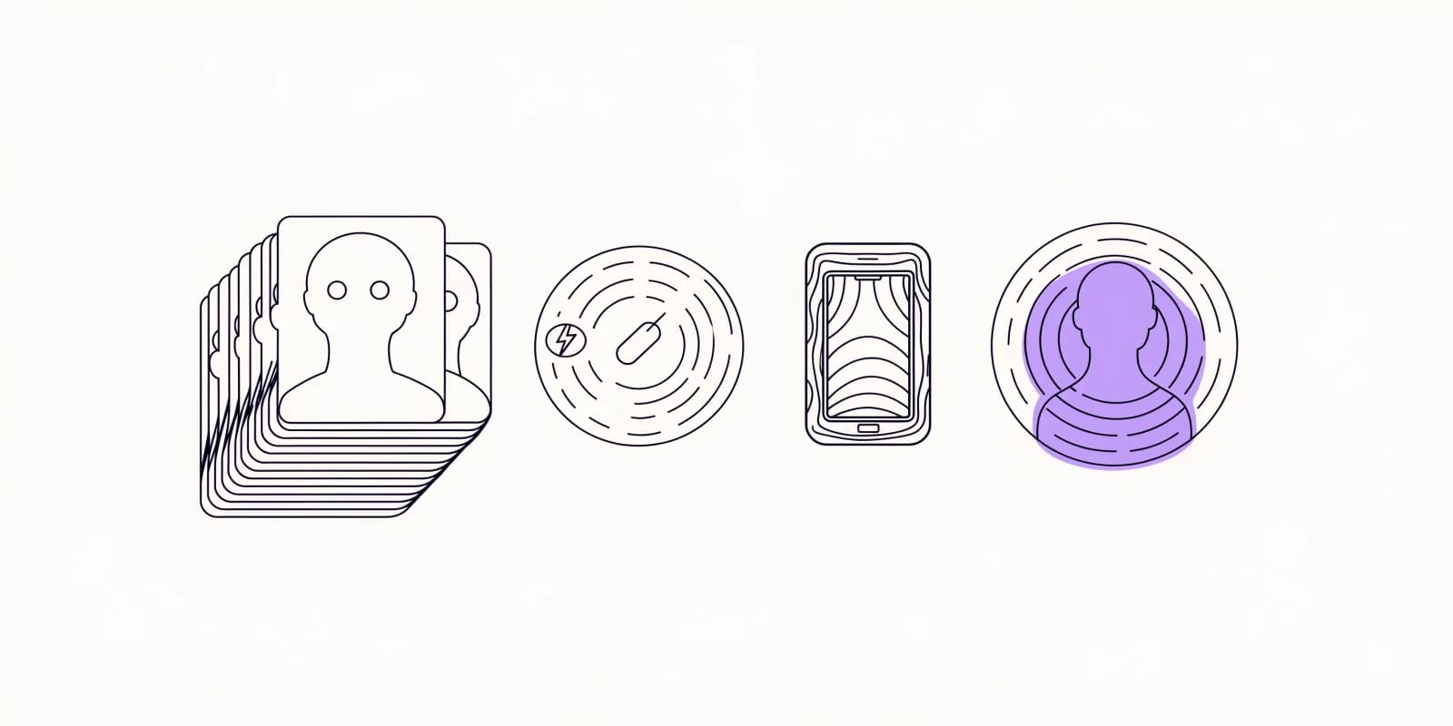Four distinct object shapes arranged in a row: a stack of contact-list cards, an event dot with a lightning bolt and timestamp, a mobile phone (device token), and a person silhouette inside a circle (customer profile in lavender)