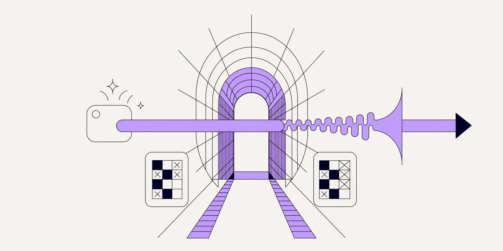 A checkpoint gate in lavender at the center: a portal-frame arch with a horizontal scanner beam; a generated content document with sparkle marks approaches from the left, and ledgers on both sides show generic category checkboxes some ticked and some crossed out, with the approved content continuing to a publish arrow on the right