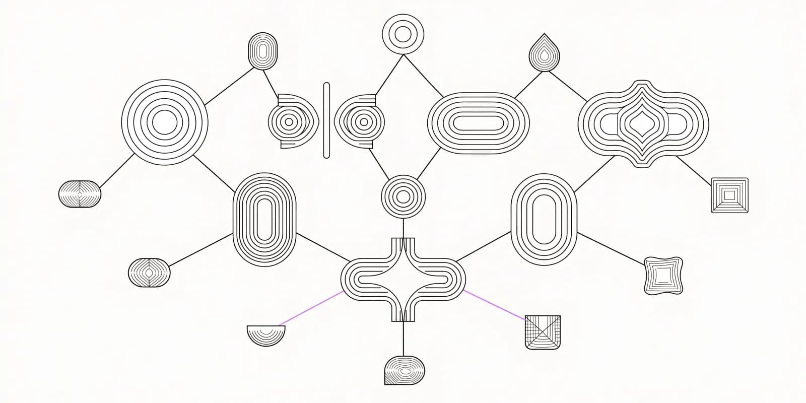 A network diagram showing nine small tool-tile icons each connected via a thin line to a parent-company node above; eight parent nodes total, with one parent having two tool-tile children whose connection lines are drawn in lavender to indicate the same-owner grouping