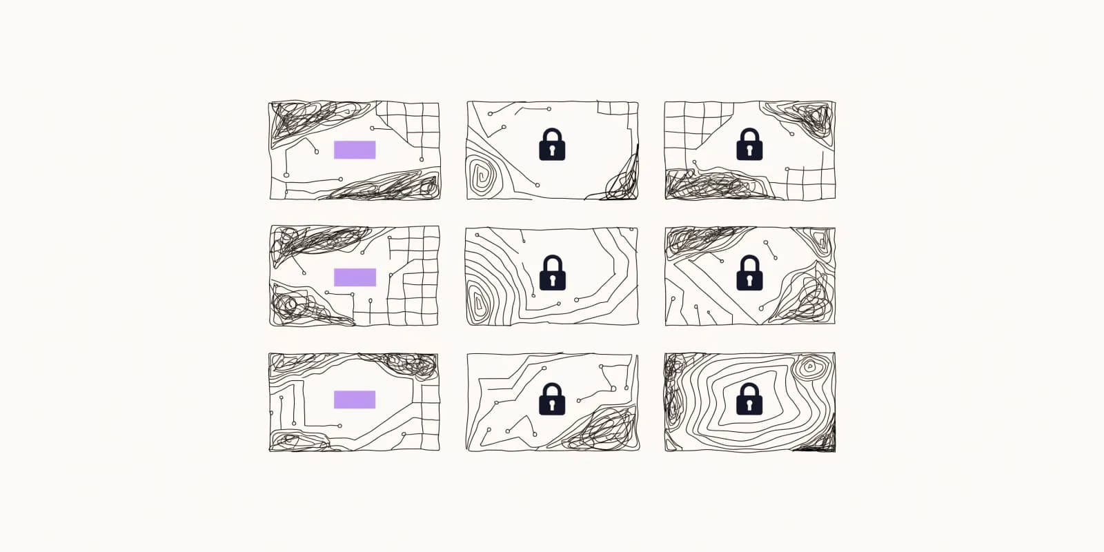 A 3x3 grid of nine pricing-tag placeholders: three tags show visible numeric block placeholders in lavender indicating published prices, and six tags are covered by small padlock icons indicating no published price