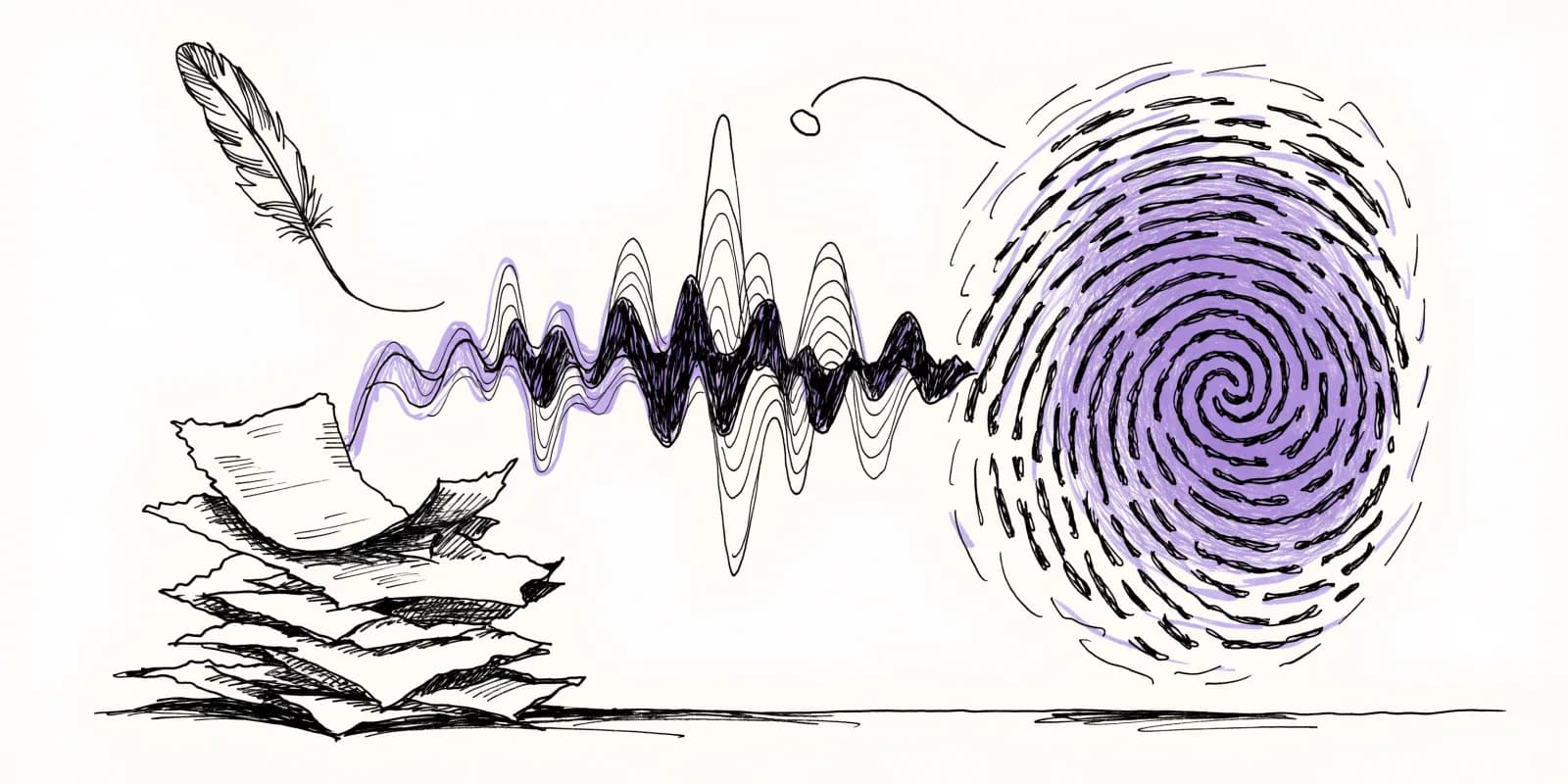 A speech waveform rising from a stack of drafts and resolving into a lavender fingerprint on the right - voice extracted as a signature