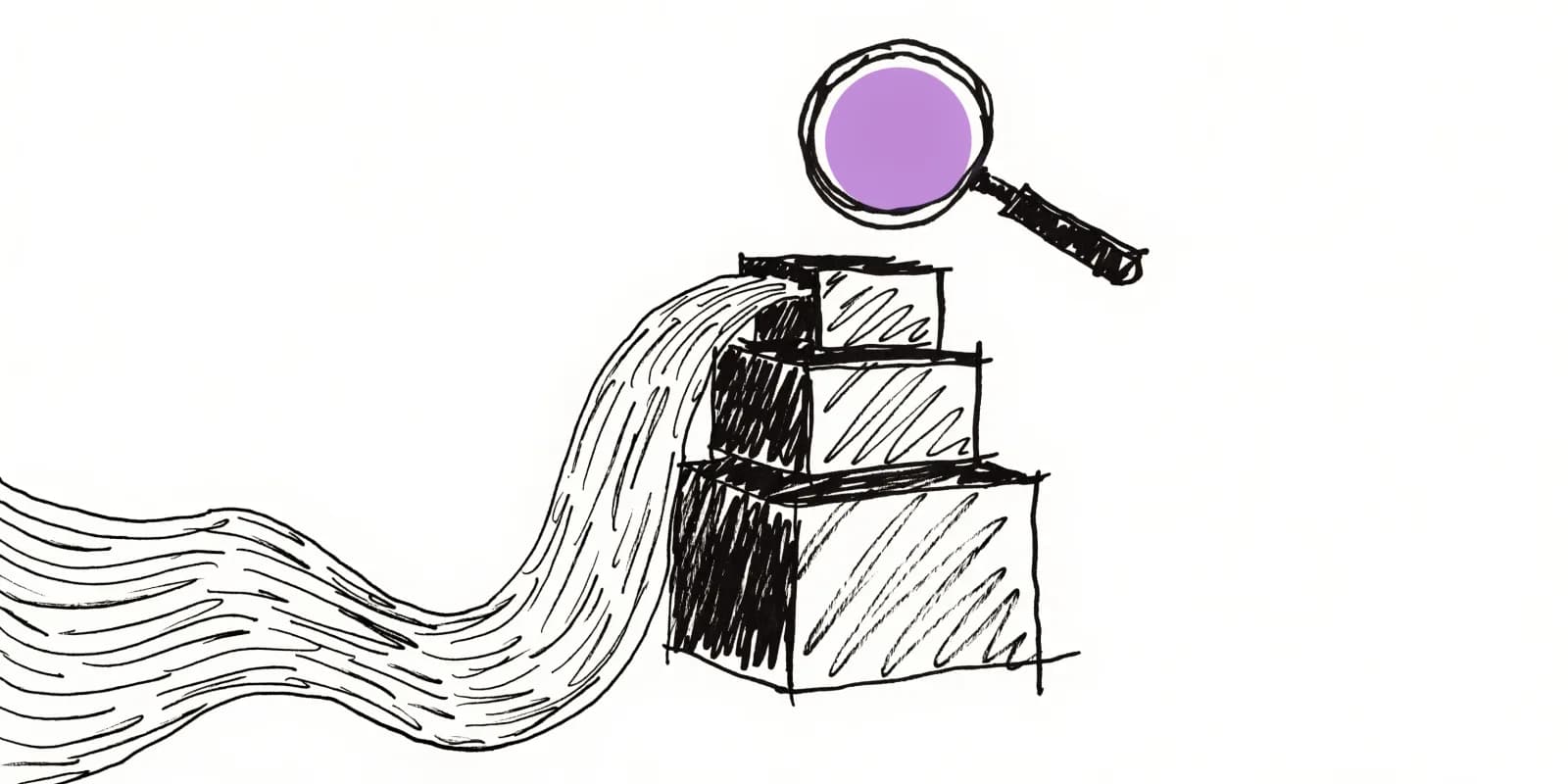 A stream of raw spreadsheet rows flowing into a stacked CM1/CM2/CM3 margin chart with a lavender magnifying glass hovering over the top layer