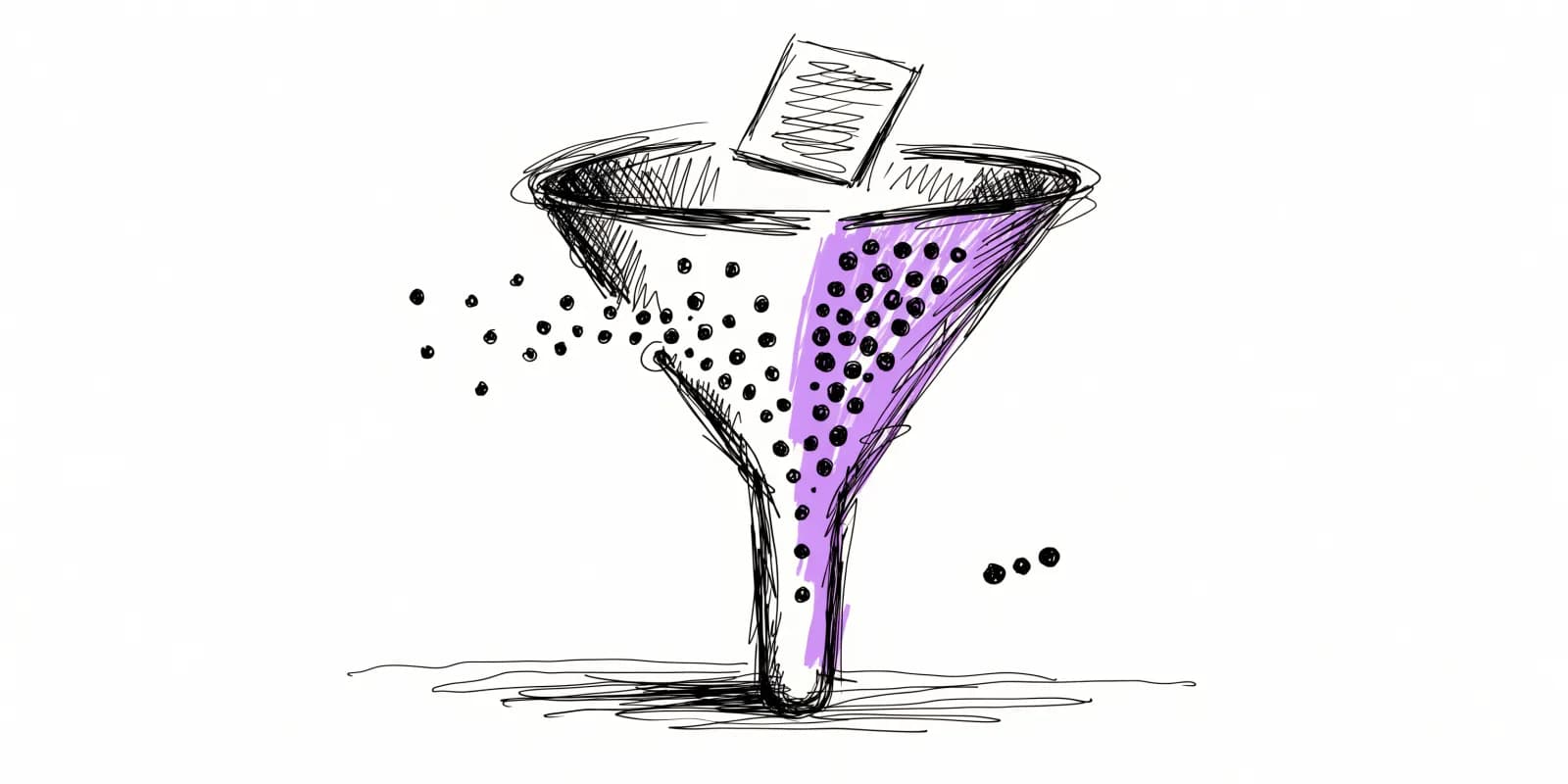 A funnel split into A and B halves with a lavender-tinted winning side and a hypothesis card resting on the rim