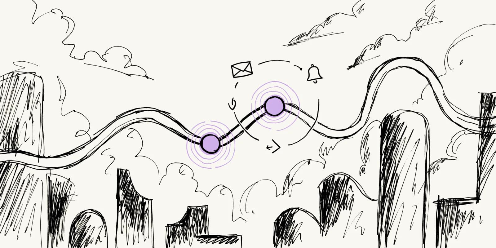 A winding customer-journey road with lavender waypoint nodes, an envelope and bell orbiting the mid-lifecycle stage