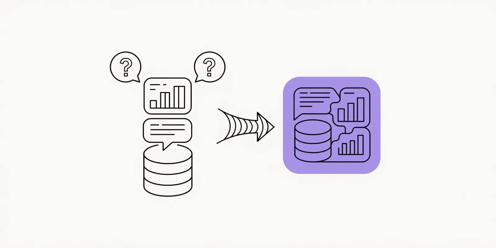 the competitor displacement framer stacks a prospect's three-tool current stack on the left (database, chat, chart) against a single lavender replacement platform tile on the right, connected by a displacement arrow with two discovery-question bubbles above