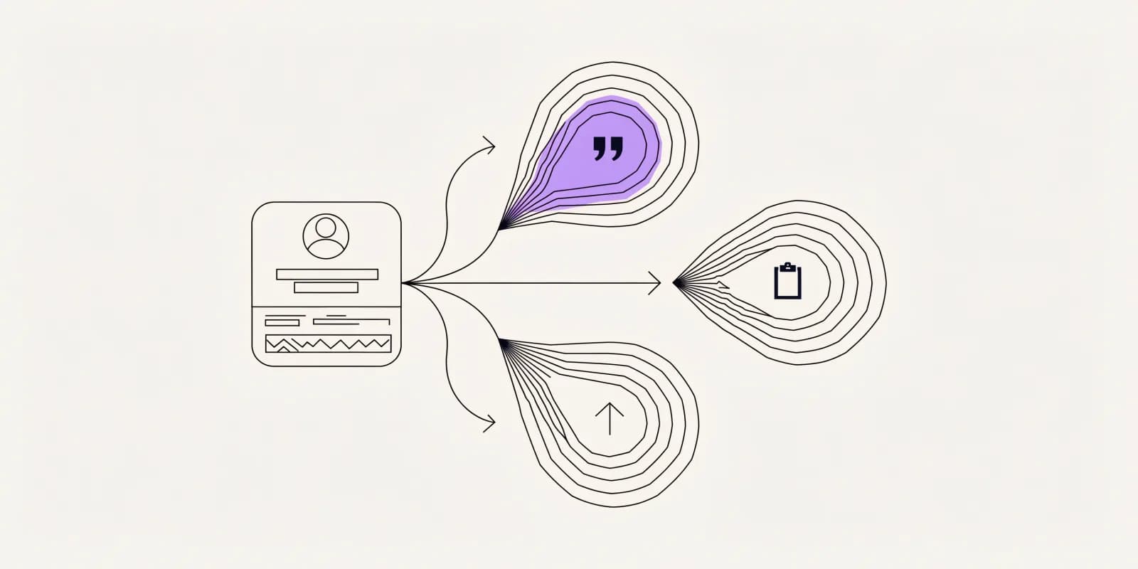 the LinkedIn personalization brief branches three opener-angle balloons from a profile silhouette - a specific-post quote-mark, a career-change upward-arrow, and a project-clipboard - with the strongest angle highlighted in lavender
