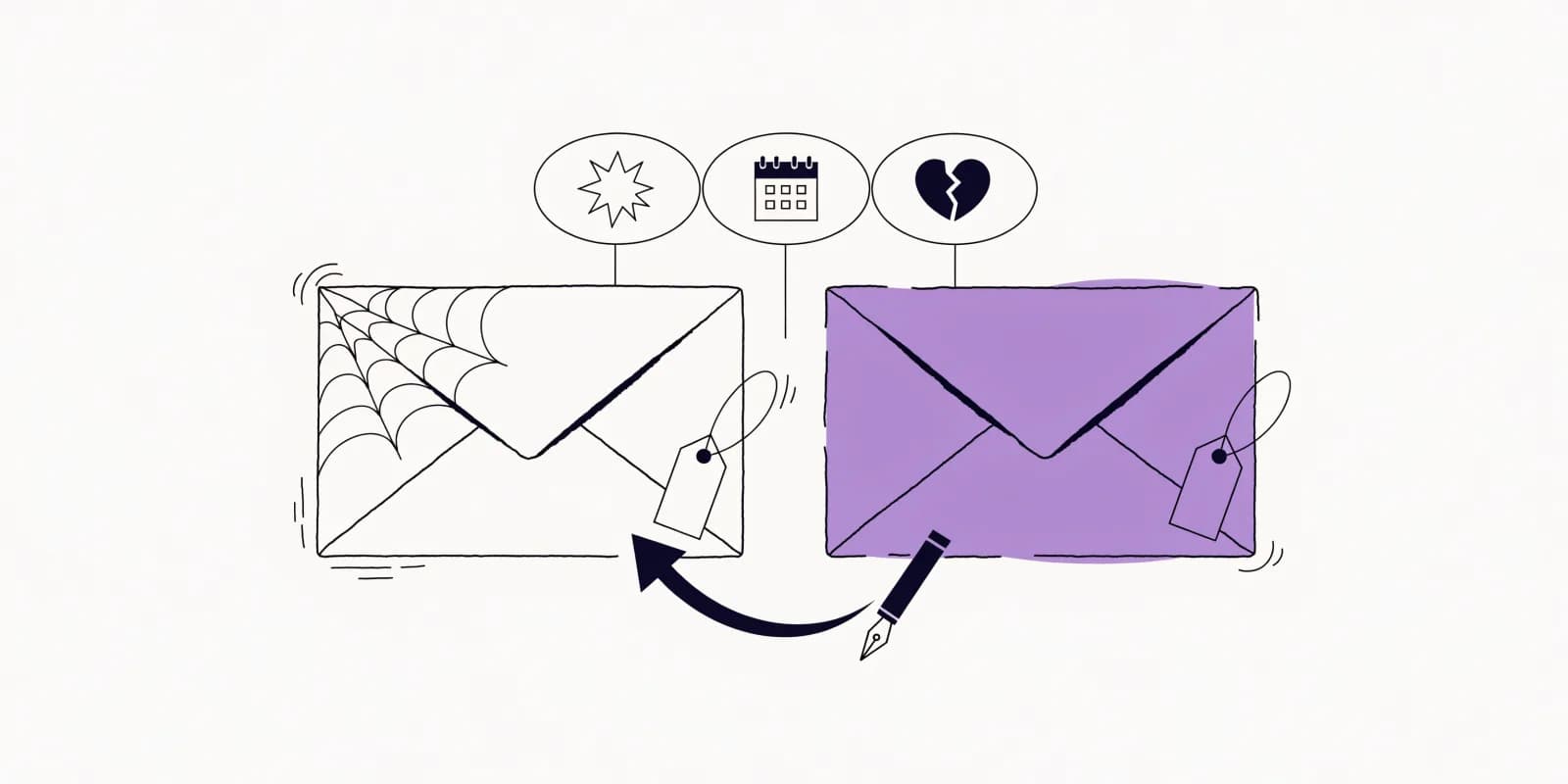 the re-engagement rewriter transforms a dusty cobwebbed old envelope on the left into a fresh lavender envelope on the right via a pen-icon arrow, with three re-angle callouts floating above (curiosity, event, breakup)
