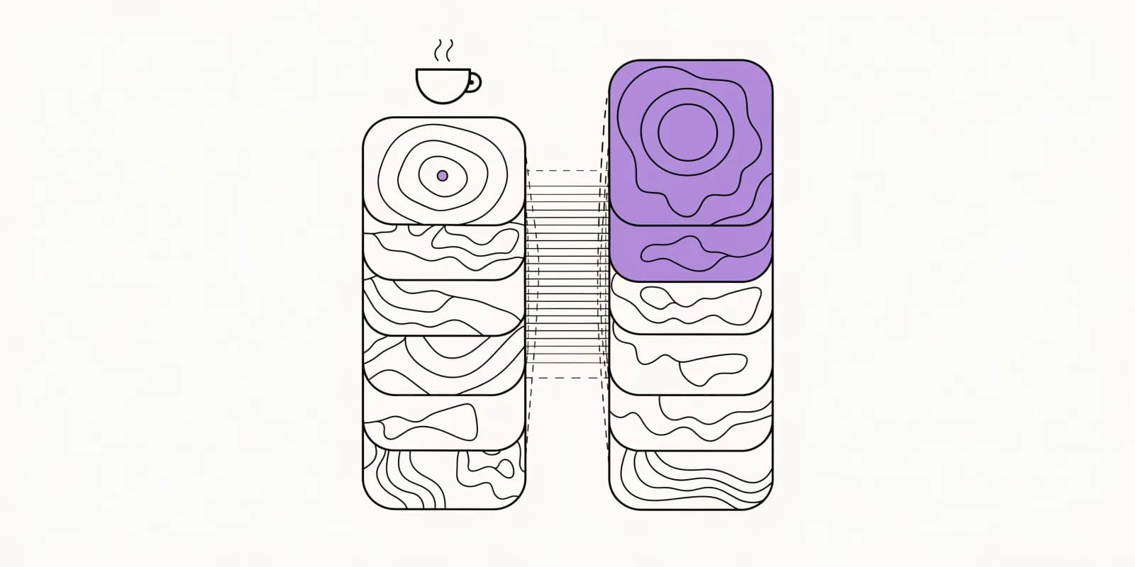 the weekly pipeline signal prioritizer sorts a stack of signal-cards (funding, hiring, tech-change, engagement) into a ranked priority list on the right with the top three highlighted in lavender, marked with a Monday morning coffee-cup for weekly cadence