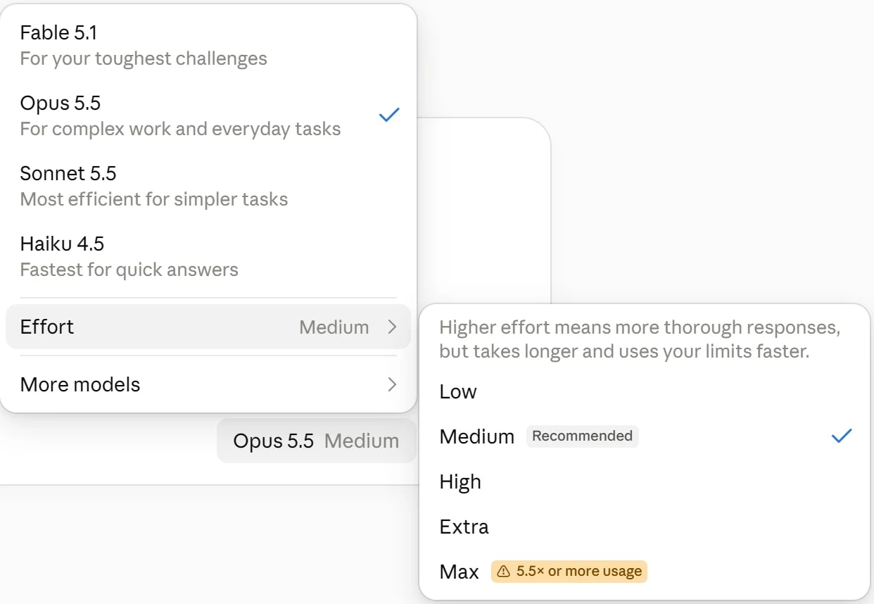 The Claude effort menu for Opus 5.5: Low, Medium (recommended), High, Extra and Max, with Max marked as 5.5x or more usage