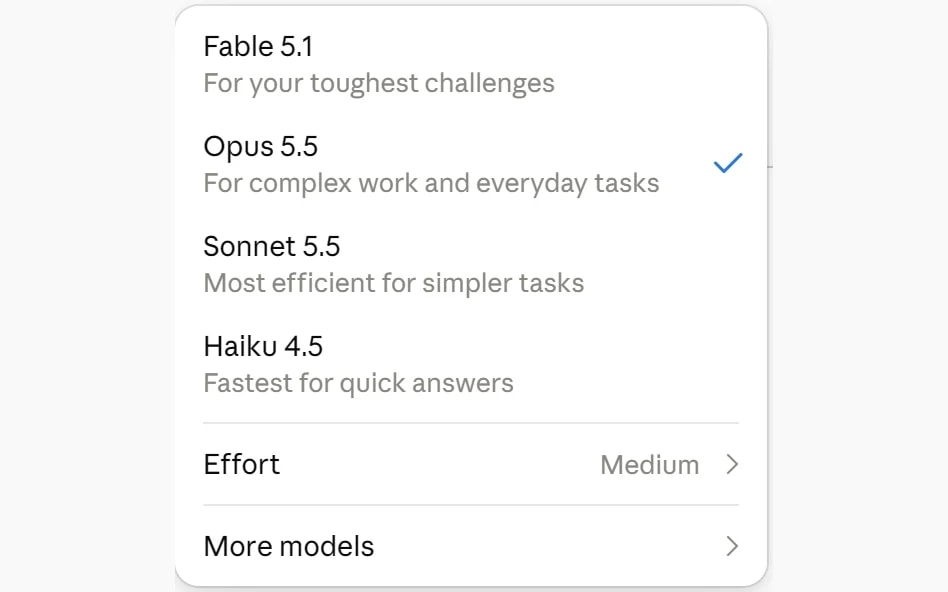 The Claude model menu with Opus 5.5 selected, above Sonnet 5.5 and Haiku 4.5, and effort set to Medium
