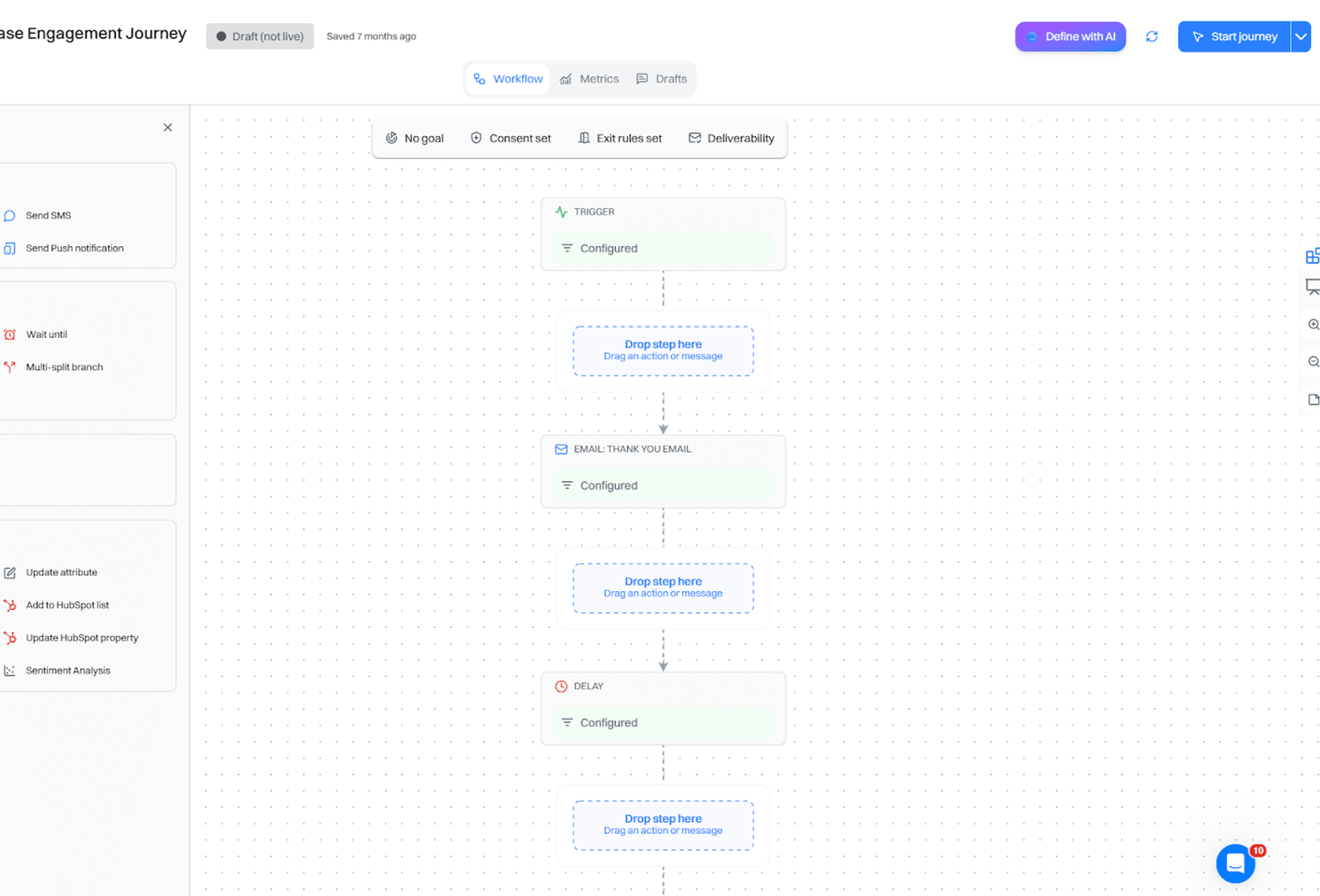 Automated win-back campaign flow with branch logic routing dormant customer segments to targeted re-engagement messages