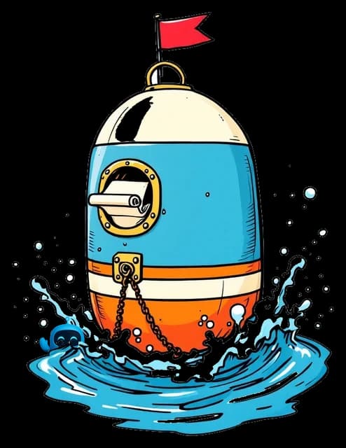 A mail buoy with a letter slot, a rolled recipe sliding home, Blu bobbing at its base.