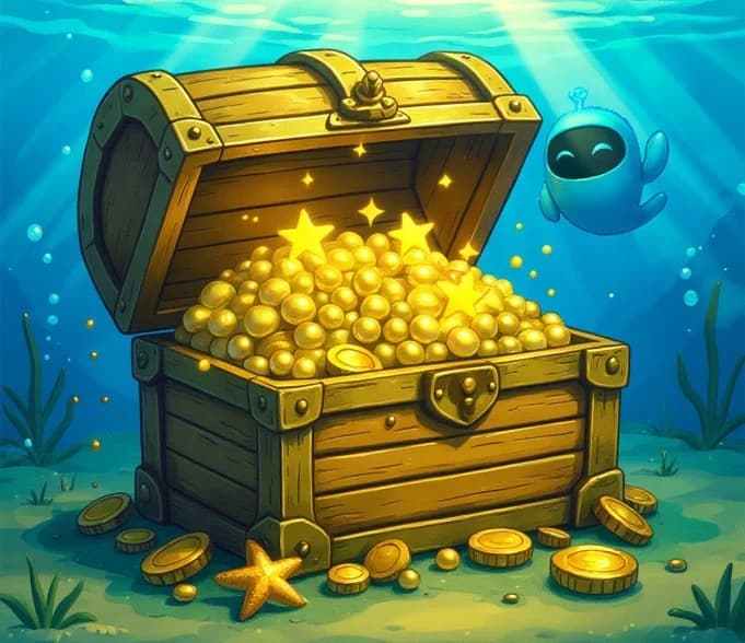 A sunken treasure chest half-buried on the deep-sea floor in god rays, Blu the diver who found it beside it.