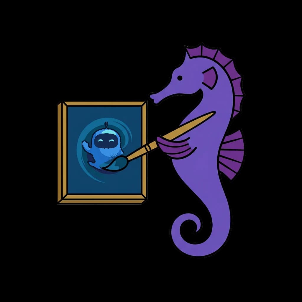 A seahorse at a canvas painting a portrait of Blu, brush resting on Blu's fin.
