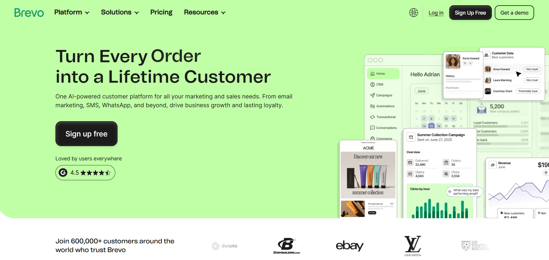 Brevo email marketing platform showing send-volume pricing and marketing automation workflow builder