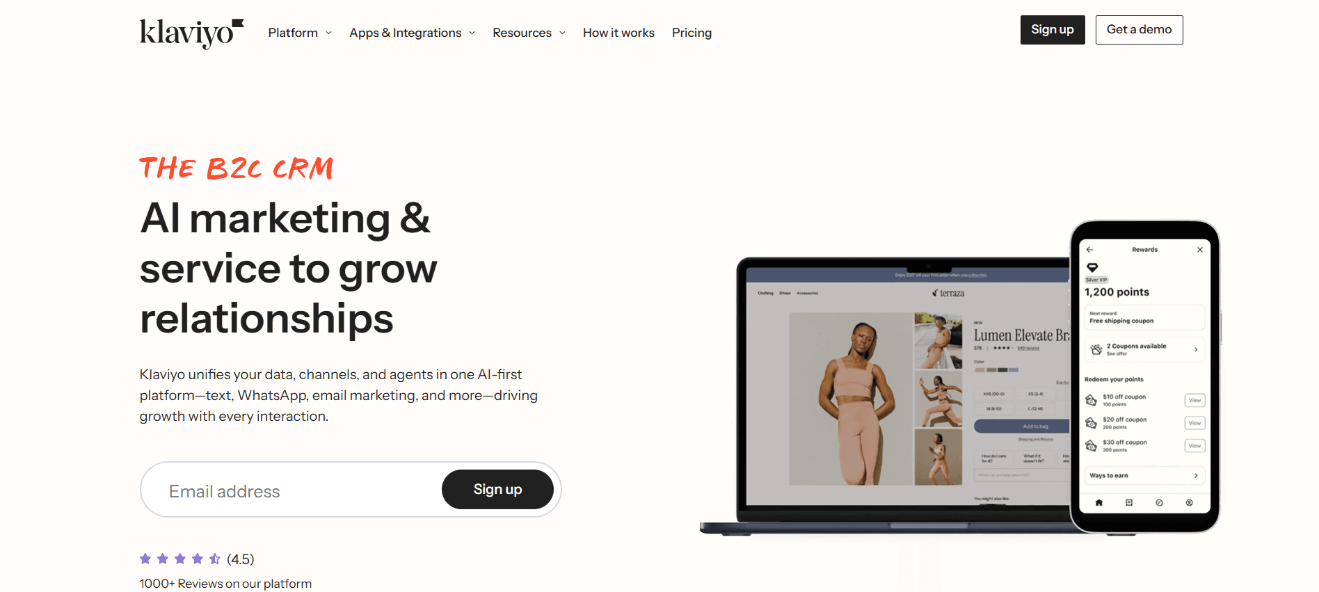 Klaviyo email marketing platform showing ecommerce segmentation and revenue attribution dashboard
