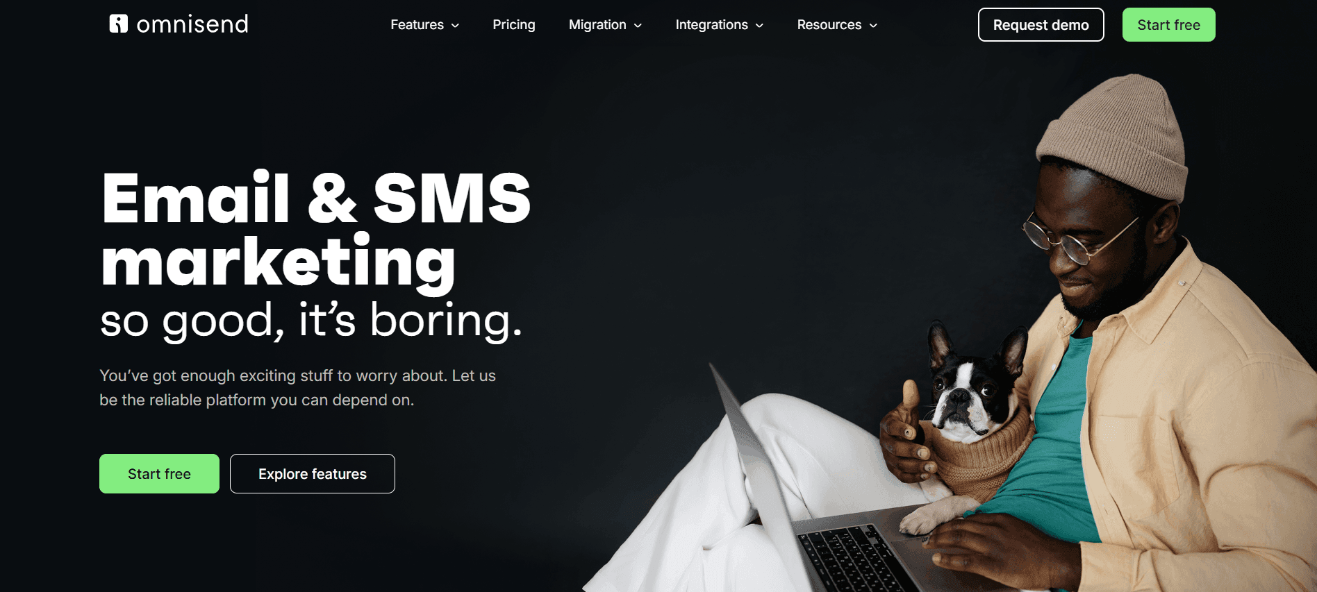 Omnisend ecommerce email and SMS marketing platform showing pre-built abandoned cart and post-purchase automation flows
