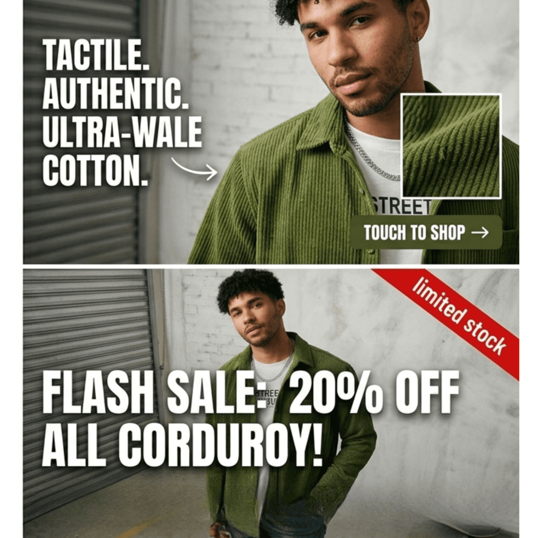 Two corduroy shirt promos with big headline type, a sale offer, and a limited stock tag, the kind of hierarchy a flyer needs.