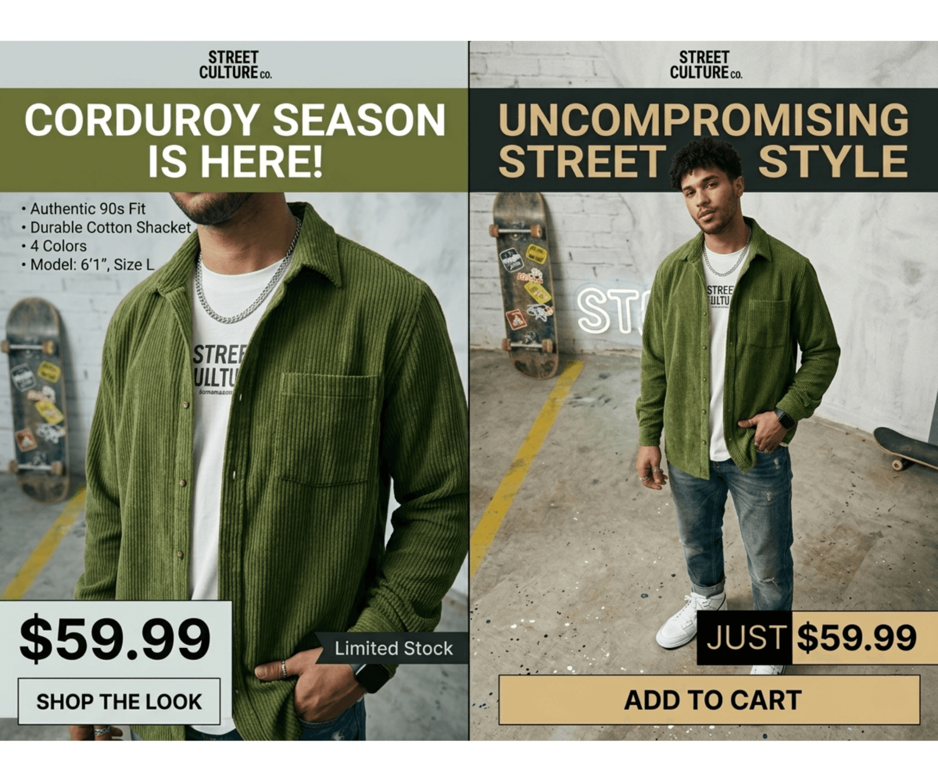 Two poster layouts for the same green corduroy shirt, each with its own headline, price, and button, like the three takes the flyer generator returns.