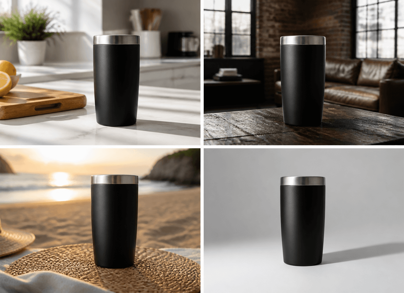 The same black tumbler staged four ways: a sunny kitchen counter, a dark loft table, a beach at sunset, and a plain grey studio.