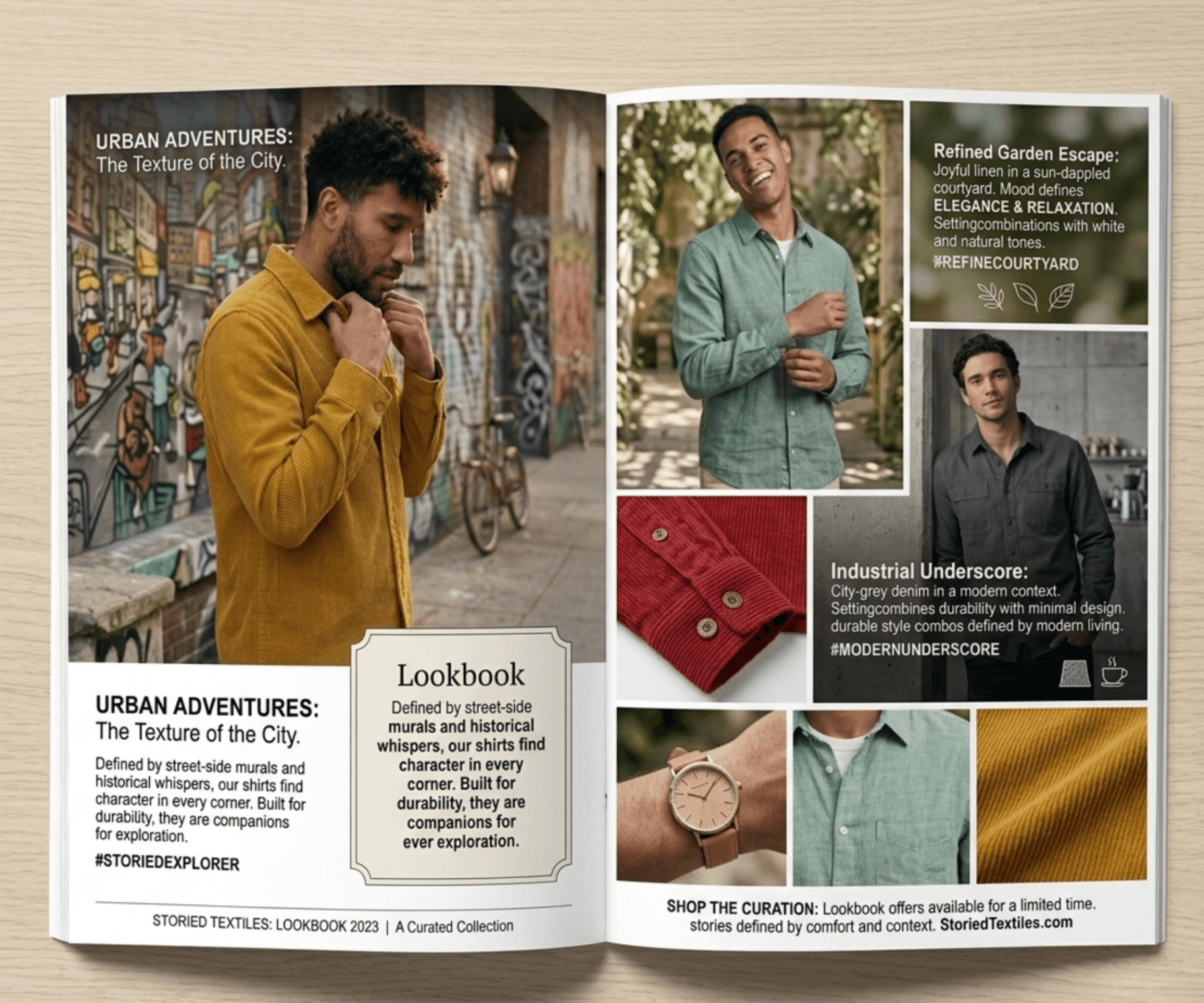 An open lookbook spread with men wearing corduroy, linen, and denim shirts in a mural-lined street, a garden, and a cafe.