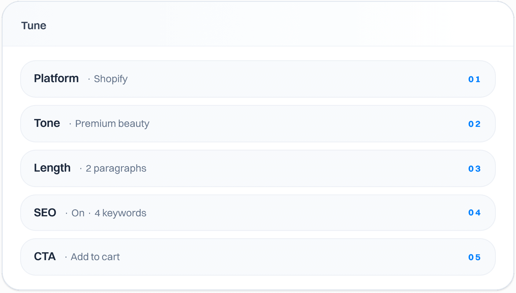 A tune panel set to Shopify, a premium beauty tone, two paragraphs, SEO on with 4 keywords, and an add to cart CTA.