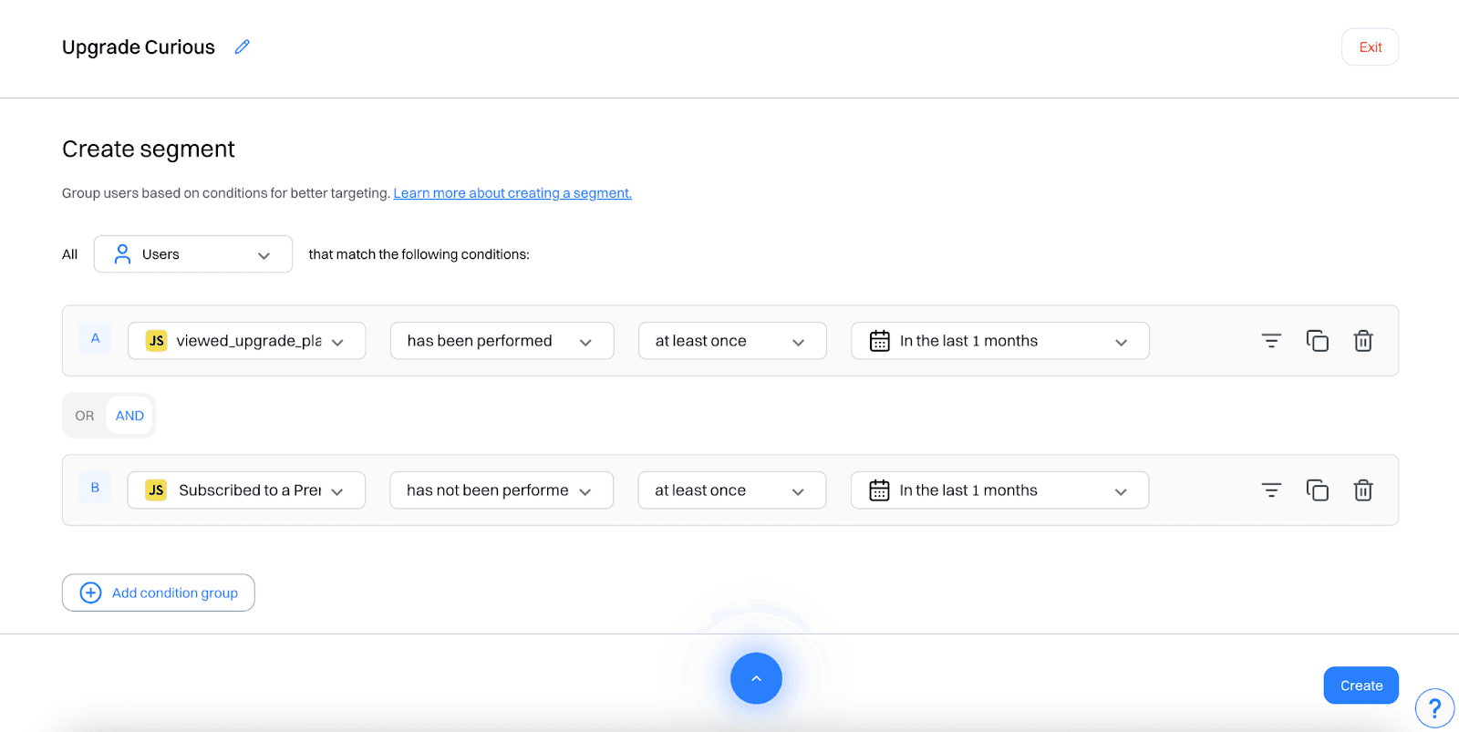 Upgrade prompt setup: Upgrade curious segment