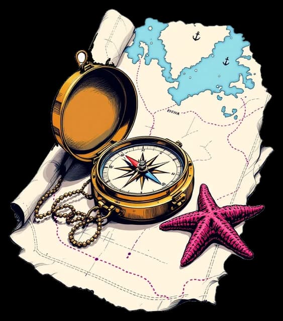 A brass compass lying open on a sea chart beside a starfish.