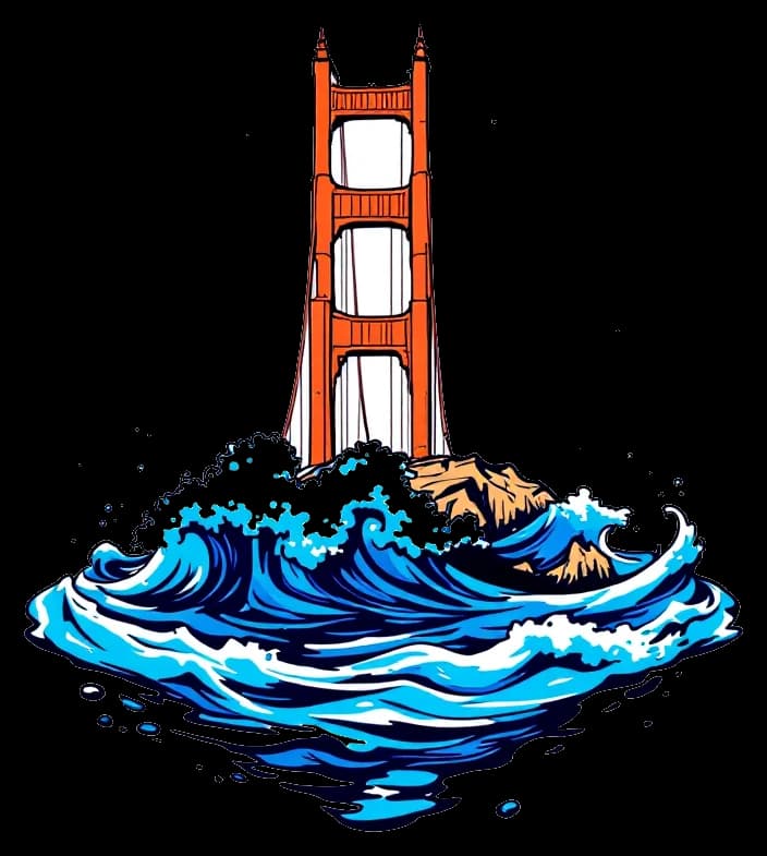 A Golden Gate Bridge tower rising from curling waves.