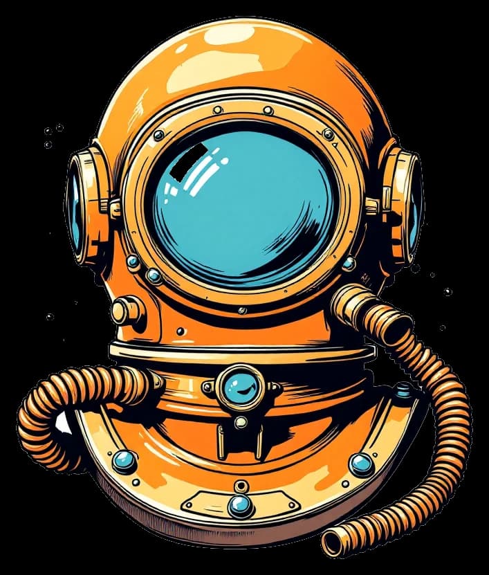 A brass diving helmet with a coiled air hose.