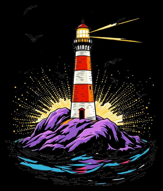 A striped lighthouse on a rock sending beams of light over the waves.