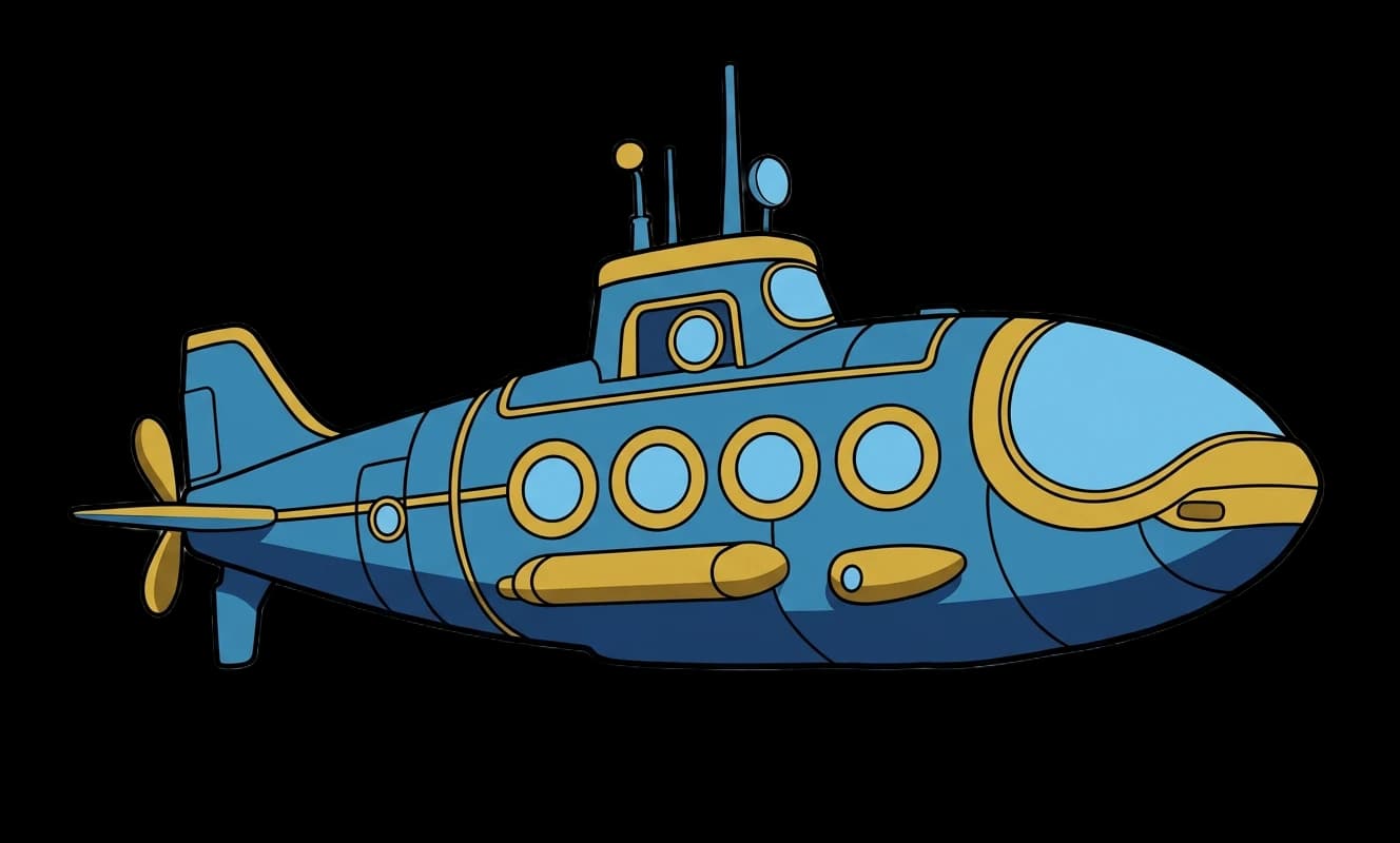 A deep-sea submarine with brass portholes and a spinning propeller.
