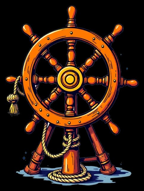 A ship's steering wheel on its post, a coil of rope at its foot.
